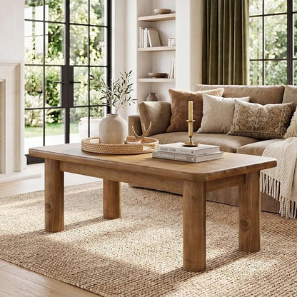 47-Inch Solid Wood Coffee Table, Rustic Rectangular Center Table for Living Room, Low Cocktail Tea Furniture with Thick Cylindrical Legs
