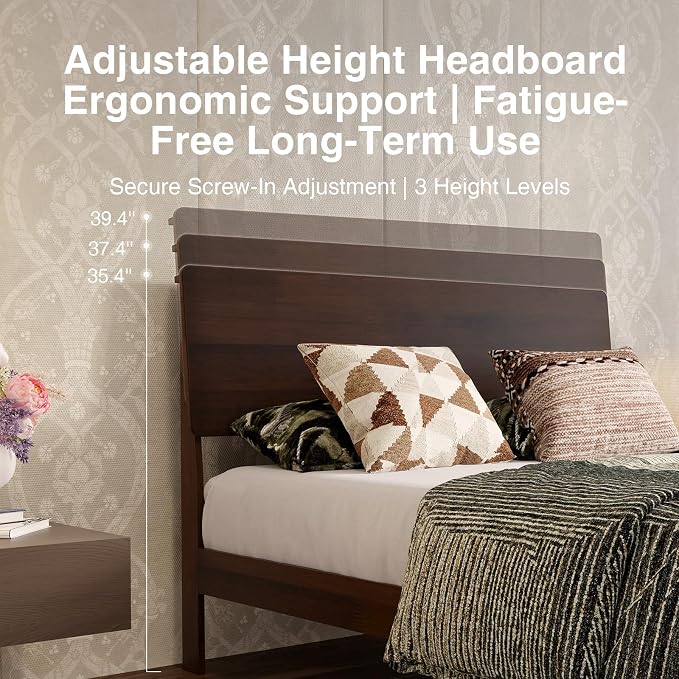Novilla Queen Bed Frame with 3-Level Adjustable Storage Headboard, Solid Wood Platform Bed Frame with Slats, No Box Spring Needed, Noise Free, Walnut Finish for Master Bedroom and Guest Room