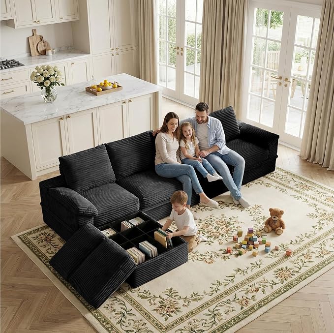142" Modular U-Shaped Sectional Sofa with Storage, 4-Seat Corduroy Boneless Couch, 27" Deep Seat Cloud Couch & 2 Movable Ottoman, Tool-Free Assembly, Couch for Living Room, Black