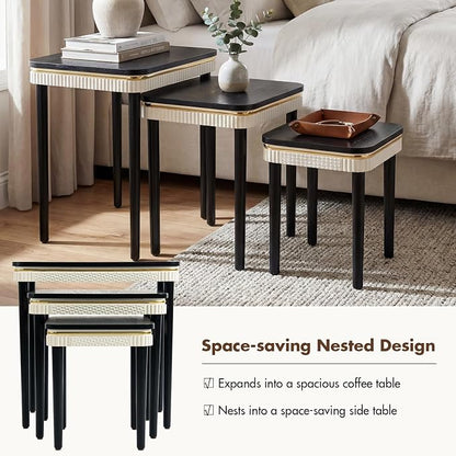 Hyfirm Black Side Table End Table Nesting Tables Set of 3, Retro Nesting Tables with Veneered Top & Gold Trim, Mid Century Modern Nesting Wood Coffee Tables for Living Room/Bedroom/Apartment