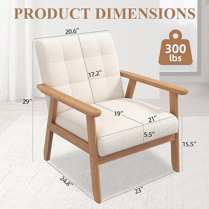 Mid-Century Accent Chairs Set of 2, Solid Wood for Living Room, Beige Linen | Relaxing Arm Chair with Soft Thicken Cushion, Comfy Reading Chair for Bedroom, Balcony, Natural Legs, Easy to Setup