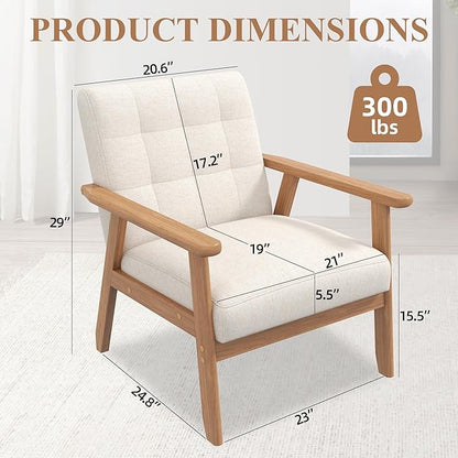 Mid-Century Accent Chairs Set of 2, Solid Wood for Living Room, Beige Linen | Relaxing Arm Chair with Soft Thicken Cushion, Comfy Reading Chair for Bedroom, Balcony, Natural Legs, Easy to Setup