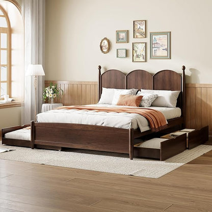Merax Queen Size Platform Bed with 2 Storage Drawers and Twin XL Size Trundle, Rustic Design Wooden Bed Frame, Walnut