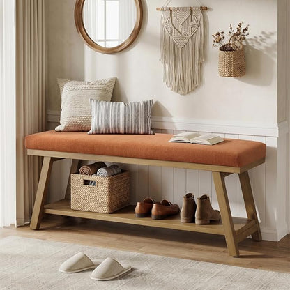 Zihanhome 45" Entryway Bench Upholstered Storage Bench for Bedroom Shoe Rack Bench for Living Room, Hallway, Mudroom, Balcony, Sturdy Indoor Bench Seat Holds Up to 300 lbs (Orange)