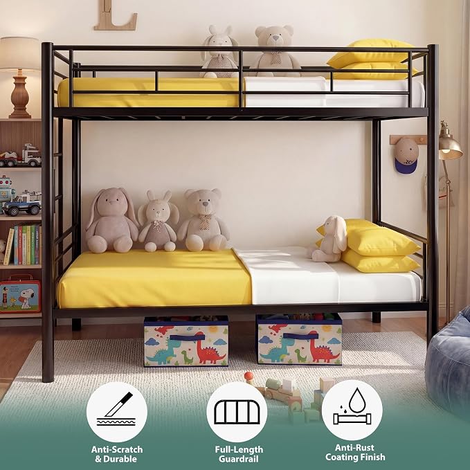 Bunk Bed Twin Over Twin, Metal Bunk Bed with Side Ladder and Safety Guardrail, Space-Saving Twin Bunk Beds for Kids, Teens & Adults, No Box Spring (Side Laddder, Black)