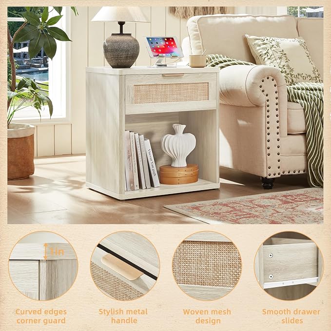 LEYAOYAO Rattan Nightstand with Charging Station, Grey White Night Stand with Drawer, 23" Wide Boho Bedside Table with Storage Shelf, Bed Side End Tables for Bedroom, Living Room, Hallway