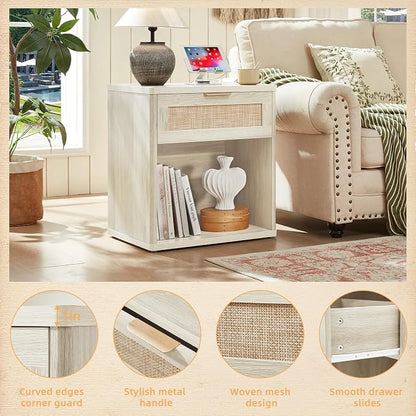 LEYAOYAO Rattan Nightstands Set of 2 with Charging Station, Grey White Night Stand with Drawer, 23" Wide Boho Bedside Table with Storage Shelf, Bed Side End Tables for Bedroom, Living Room, Hallway