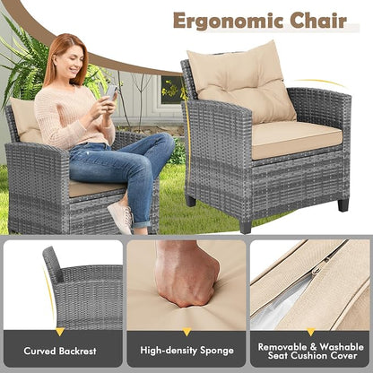 COSTWAY 3PCS Patio Furniture Set, PE Rattan Wicker Sofa w/Washable Cushion and Coffee Table, Tempered Glass Tabletop, Outdoor Conversation Set for Balcony, Porch, Yard, Backyard, Lawn (Beige)