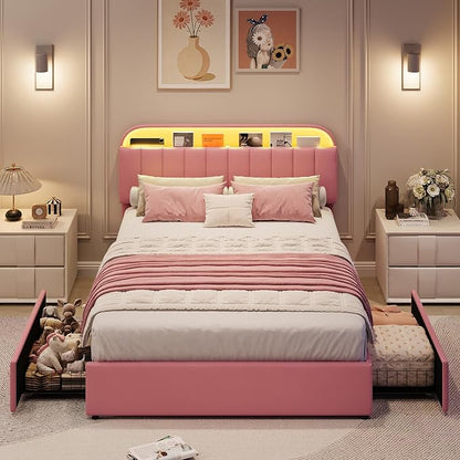 GarveeHome Queen Bed Frame with Storage Headboard, Kids Bed Frame with 2 Drawers, Velvet Upholstered Platform Bed Frame with Lights, No Box Spring Needed, Easy Assembly, Velvet Pink