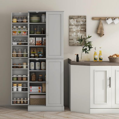 HOMCOM 65" Kitchen Pantry Storage Cabinet, Freestanding Kitchen Cabinet with 16 Door Shelves, Double Doors, 8-Tier Shelving and Adjustable Shelves, Gray