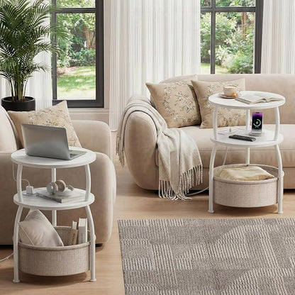 Round Side Table with Charging Station, USB Type C Port, White | Small Table with Storage Basket,Tall Side Table for Sofa,Small Spaces, Nightstand for Living Room Bedroom, 15.75in