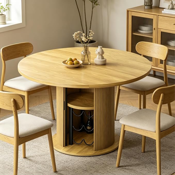 Wildhome Round Dining Table for 2-3, 31 Inch Dining Room Kitchen Table with 2-Tier Storage Shelf & Wine Rack, Modern Farmhouse Fluted Wood Slide Door Dinner Furniture,Circle(Non scalable-32 Inch-Oak)