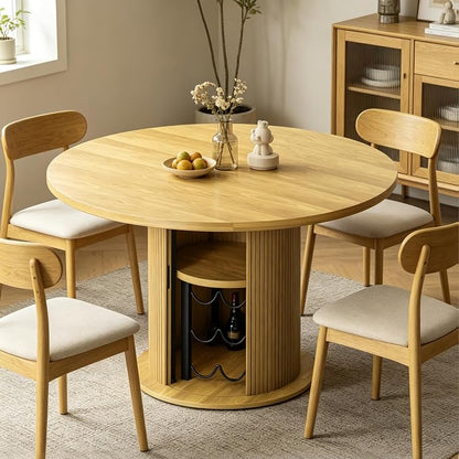 Wildhome Round Dining Table for 2-3, 31 Inch Dining Room Kitchen Table with 2-Tier Storage Shelf & Wine Rack, Modern Farmhouse Fluted Wood Slide Door Dinner Furniture,Circle(Non scalable-32 Inch-Oak)