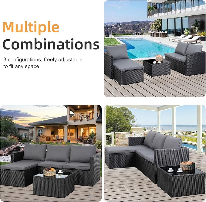 Shintenchi 4 Pieces Patio Furniture Set, 2-in-1 Convertible Sectional Sofa & Chaise Lounge, All-Weather Wicker Rattan Sofa Couch with Cushions & Coffee Table for Yard, Garden, Porch, Poolside (Gray)