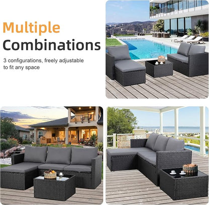 Shintenchi 4 Pieces Patio Furniture Set, 2-in-1 Convertible Sectional Sofa & Chaise Lounge, All-Weather Wicker Rattan Sofa Couch with Cushions & Coffee Table for Yard, Garden, Porch, Poolside (Gray)