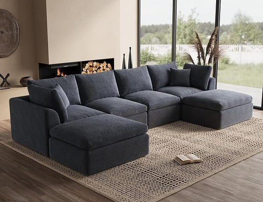 ohllob Oversized Cloud Sectional Couches for Living Room, Boneless U Shaped Couch with Ottoman, 4 Seater Modular Sectional Sofa, Dark Grey