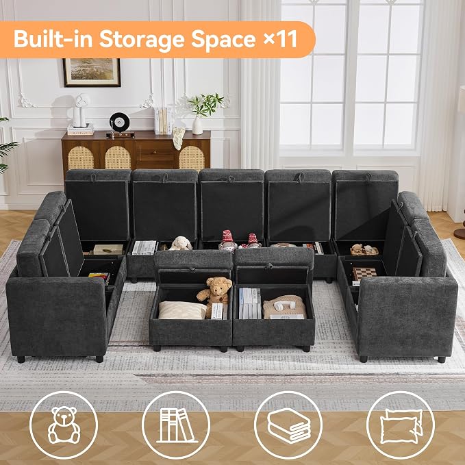 127'' Oversized U Shaped Modular Sofa, Sectional Couches with Storage for Living Room, Modern 9 Seater Cloud Sectional Couch with Movable Ottoman, Chenille Dark Grey