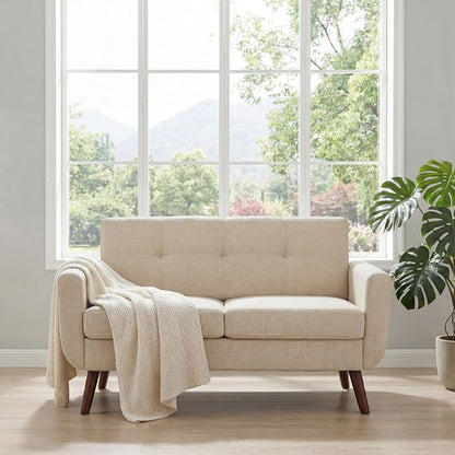 Tbfit 56" W Loveseat Sofa, Mid Century Modern Decor Love Seat Couches for Living Room, Button Tufted Upholstered Small Couch for Bedroom, Solid and Easy to Install Love Seats Furniture, Beige