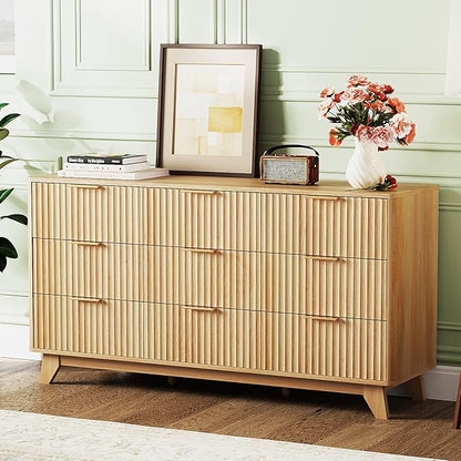 VINGLI Fluted 9 Drawer Dresser for Bedroom, Wood Dresser with Rounded Edges, 57" Long Dressers Oak, Natural Wood Color, 57" W*15.75" D*29.92" H