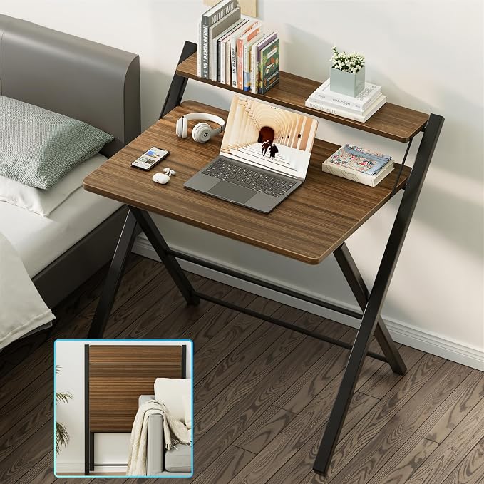 GreenForest Folding Desk No Assembly Required, 2 Tier Computer Desk with Monitor Shelf, 30 Inch Foldable Home Office Table for Work from Home Apartment Dorm Study Room, Espresso