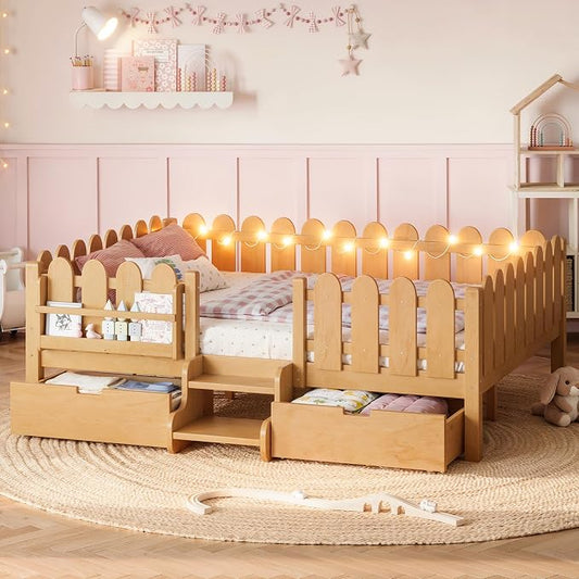 Bellemave Queen Kids Montessori Bed with Stairs, Bookshelf and LED Lights, Solid Wood Kids Bed Frame with Storage Drawers for Boys Girls, Low Profile,Natural