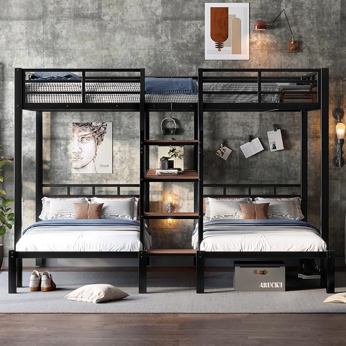 Queen Over Twin Over Twin Metal Bunk Bed, Triple Metal Bunk Bed with Storage Shelves and Wide Storage Stairs for Kids & Adults (Black, Queen Over Twin Over Twin)