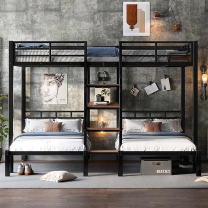 Queen Over Twin Over Twin Metal Bunk Bed, Triple Metal Bunk Bed with Storage Shelves and Wide Storage Stairs for Kids & Adults (Black, Queen Over Twin Over Twin)
