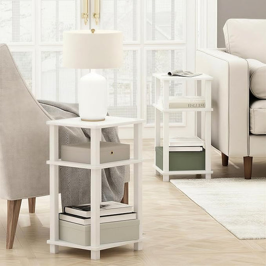 Furinno JUST Side Table Set of 2, 3-Tier Open Shelf Modern End Table, Toolless Assembly Night Stand, Bedside Table with Square Tube, for Living Room, Bedroom, White
