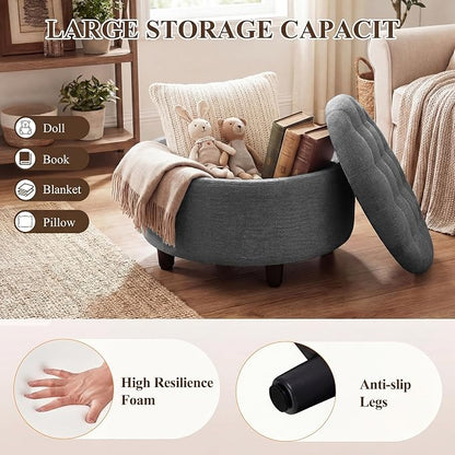 COLAMY Round Hidden Storage Ottoman with Reversible Tray Lid – Multi-Functional Footrest, Sturdy & Stylish Fabric Coffee Table for Living Room, Bedroom, or Entryway, Dark Grey