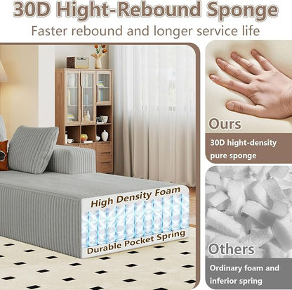 95" Cloud Sectional Couch U-Shaped Chaise with Ottoman, Corduroy Boneless Couch for Living Room Bedroom, Deep-Seat Upholstered Modular Cloud Sofa, No Assembly Required (Light Grey,Right Facing Chaise)