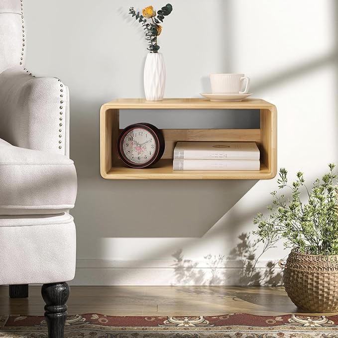 Floating Nightstand, Wall Mounted Bedside Table Wood Bedside Shelf Floating Shelves for Bedroom Bathroom Kitchen Office 18”x 10”x 7.5” Natural