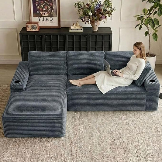 104" Cloud Sectional Couch L-Shaped with Side Pockets Cup Holders, Corduroy Boneless Couch for Living Room,Upholstered Deep-Seat Modular Sectional Sofa, No Assembly Required (Grey,Left Facing Chaise)