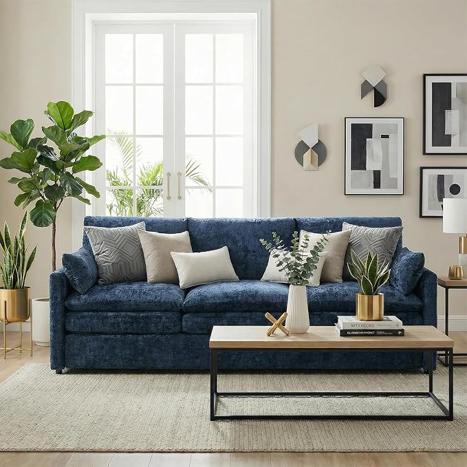 Iroomy 83" Cloud Couch, Chenille Modern Sofa 3 Seater, Comfy Plush Thick Cushions, Pocket Springs, Cloud-Like Comfort Sofas for Small Living Room Apartment, Blue