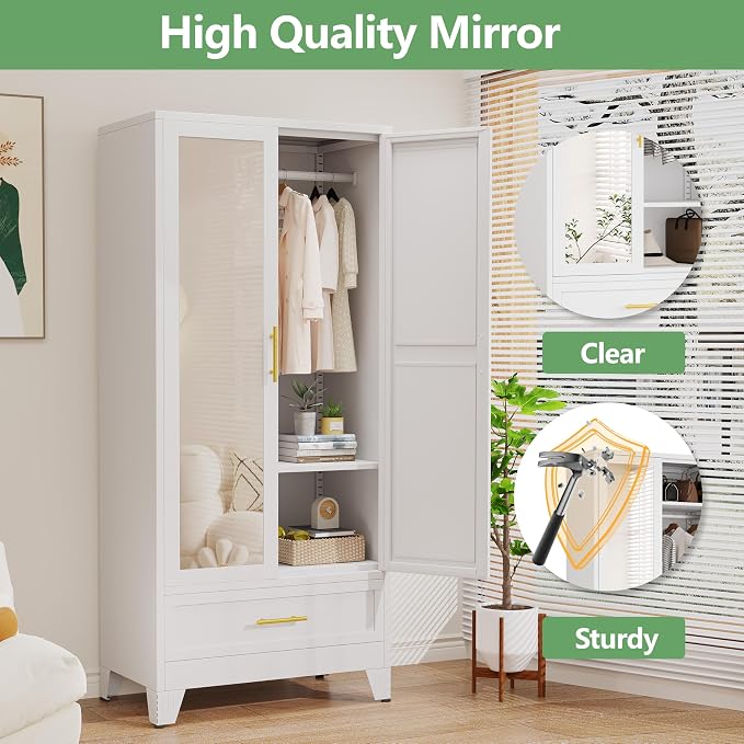 Ckzbx 71" H Metal Armoire Wardrobe Closet with Mirror, Adjustable Shelve, Clothes Metal Wardrobe Cabinet for Bedroom (1 Drawer, White)
