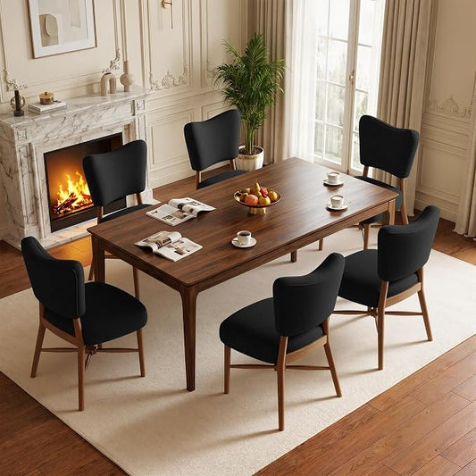 Dining Chairs Set of 6, Linen Upholstered, Solid Wood Legs, Black | Mid Century Farmhouse, Cross-Brace Reinforced, Padded Cushion, Easy 15-Min Assembly, Kitchen Dining Room