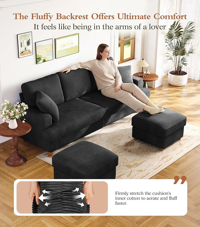Kidirect 87in U Shaped Couch, Modular Sofa No Tool Assembly, Comfy Sectional Couches for Living Room 21in Deeper Seats, Corduroy Sofas for Living Room with 2 Pillows, Loveseat Sofa Set, Black Couch