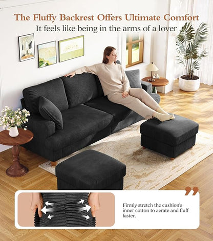 Kidirect 87in U Shaped Couch, Modular Sofa No Tool Assembly, Comfy Sectional Couches for Living Room 21in Deeper Seats, Corduroy Sofas for Living Room with 2 Pillows, Loveseat Sofa Set, Black Couch