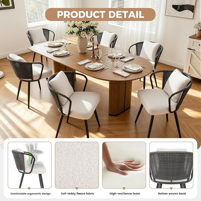 Rattan Dining Chairs Set of 2, Upholstered Kitchen Chair with Metal Legs, Ergonomic Curved Backrest, Mid Century Modern Living Room Chairs with Throw Pillow, Dark Gray
