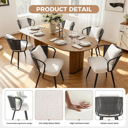 Modern Rattan Dining Chairs Set of 6, Upholstered Kitchen Chair with Metal Legs, Ergonomic Curved Backrest, Mid Century Living Room Chairs with Throw Pillow for Home, Dark Gray