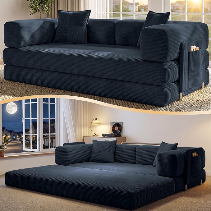 78.8" Convertible Sofa Bed,Corduroy Futon Couch with Storage Pocket,Folding Pull Out Futon Sofa,No Assembly Boneless Couch for Home & Apartment, Royal Blue