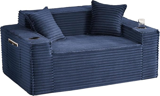 61" Boneless Sofa Couches with Cup Holder,2 Seat Loveseat Sofas with Side Pocket for Compact Living Rooms, Apartments (Blue, Loveseat Sofa)