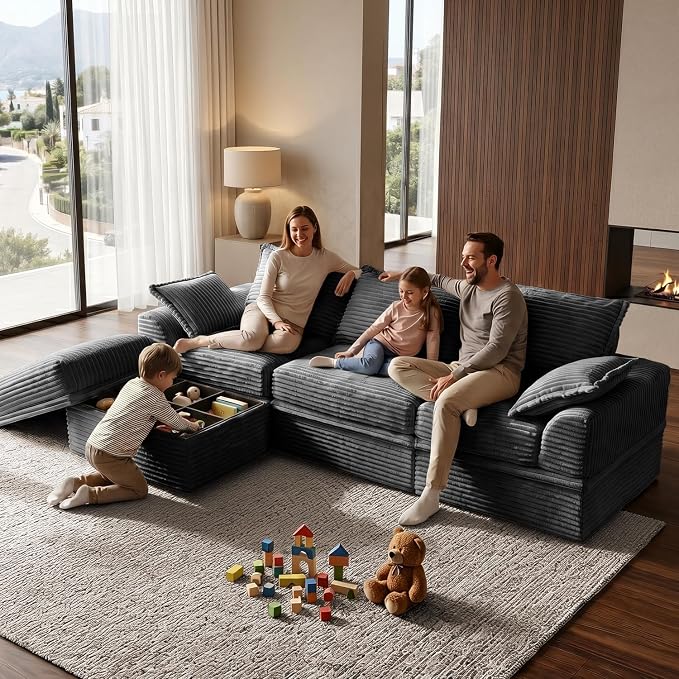 Upgrade Boneless Couch with Storage, Extra Deep&High Seat Modular Sectional Sofa 3 Seater L Shaped Cloud Couch with Ottoman, Tool-Free Assembly Sectional Couches for Living Room, Dark Grey