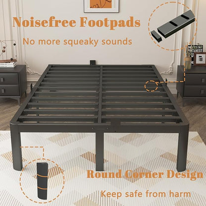 14 Inch King Size Bed Frame, Black King Bed Frame with Metal Anti-Slip Baffles, No Box Spring Needed, Heavy Duty Steel Platform Support, Round Corner Design, Noiseless, Storage Space