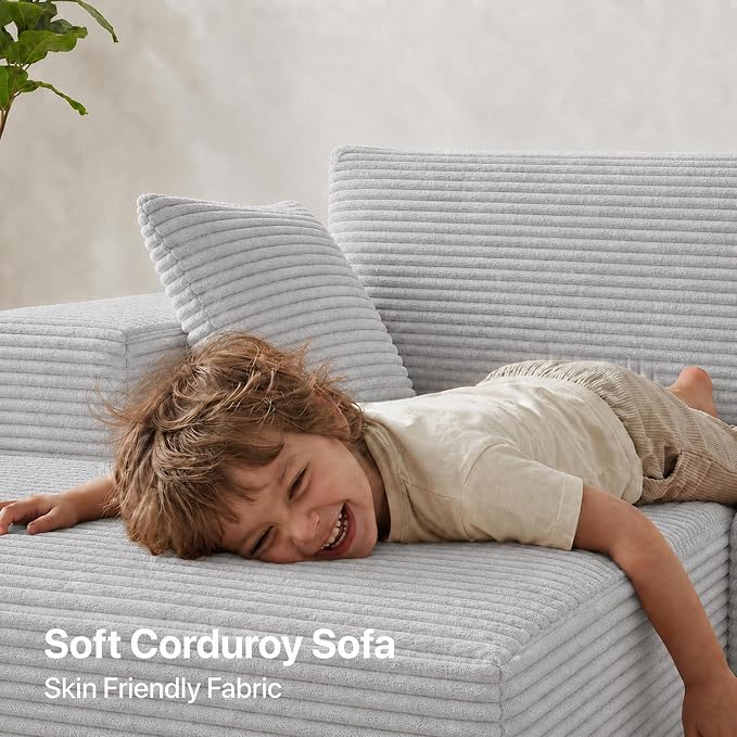 Claiks 94" Boneless Couch, Cloud Couch Sectional, U-Shape Corduroy Modular Sectional Sofa Deep Seat, Upholstered Couches for Living Room, No Assembly Required, Light Grey