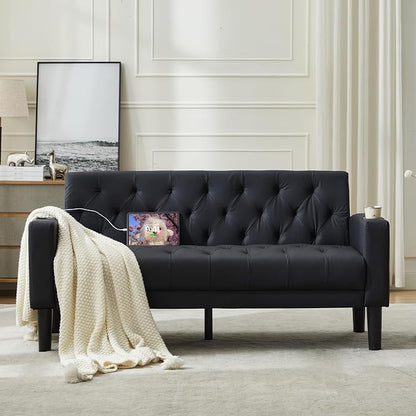 TYBOATLE 62" W Loveseat Sofa w/ 2 USB Charger Ports and 2 Cupholders, Mid-Century Modern Tufted Black Leather Small Love Seat Couches for Compact Living Room, Office, Bedroom, Apartment, Dorm