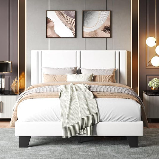 Einhomn Upholstered Full Size Bed Frame with Velvet Fabric Headboard, Strong Wooden Slats Support, Noise Free, No Box Spring Needed, White