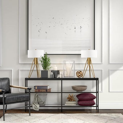 Henn&Hart 64" Wide Rectangular Console Table in Blackened Bronze, Entryway Table, Accent Table for Living Room, Hallway | Open lower shelves adds practical storage while the glass design keeps spaces feeling bright for living rooms or entryways