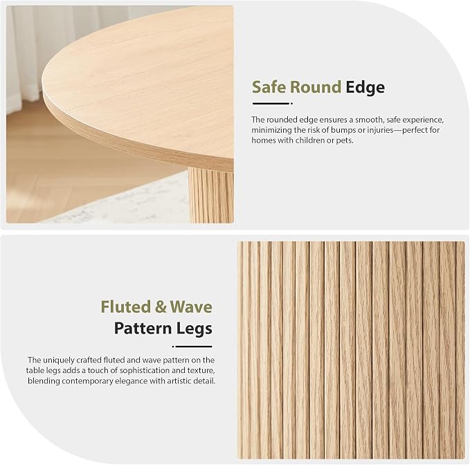 31.5" Round Dining Table for 2-4, Modern Farmhouse Kitchen Table with 2-Tier Storage Shelf, Small Wooden Circle Dining Tables with Fluted Base for Home Dining Room Living Room (Natural)