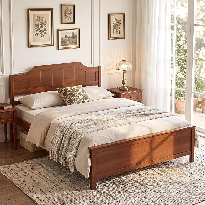 Giantex Full Size Wooden Bed Frame with Headboard, Wood Slat Support | Farmhouse Platform Bed with Heavy Duty Mattress Foundation, Under-Bed Storage, No Box Spring Needed, Easy Assembly (Walnut)