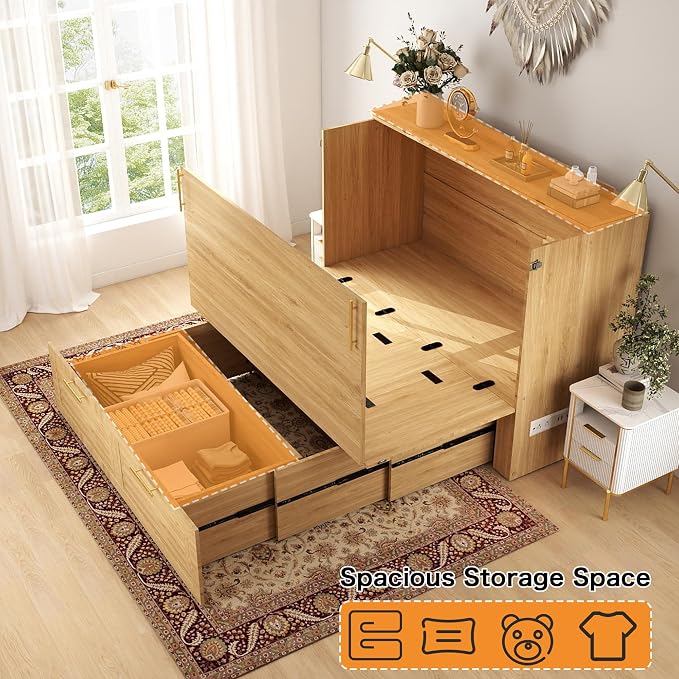 Murphy Bed Full Size: Oak 2 in 1 Murphy Bed Cabinet with Drawer, Wood Cabinet Bed with Charging Station, Modern Hidden Beds for Small Spaces